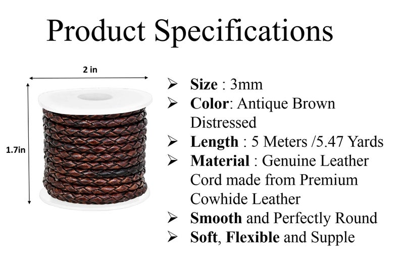 GENIQUE Real/Genuine Round Braided Leather Cord String Rope Folded  Leather Rope for Crafts  Jewelry Making  Necklace  Bracelets (5 Metres) (3mm  Antique Brown Distressed) - Image 3